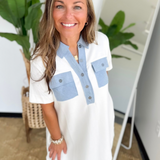Ivory Collared Mini Dress with Denim Accents
