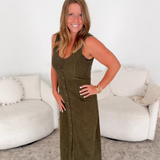 Olive Button Down Corduroy Midi Dress