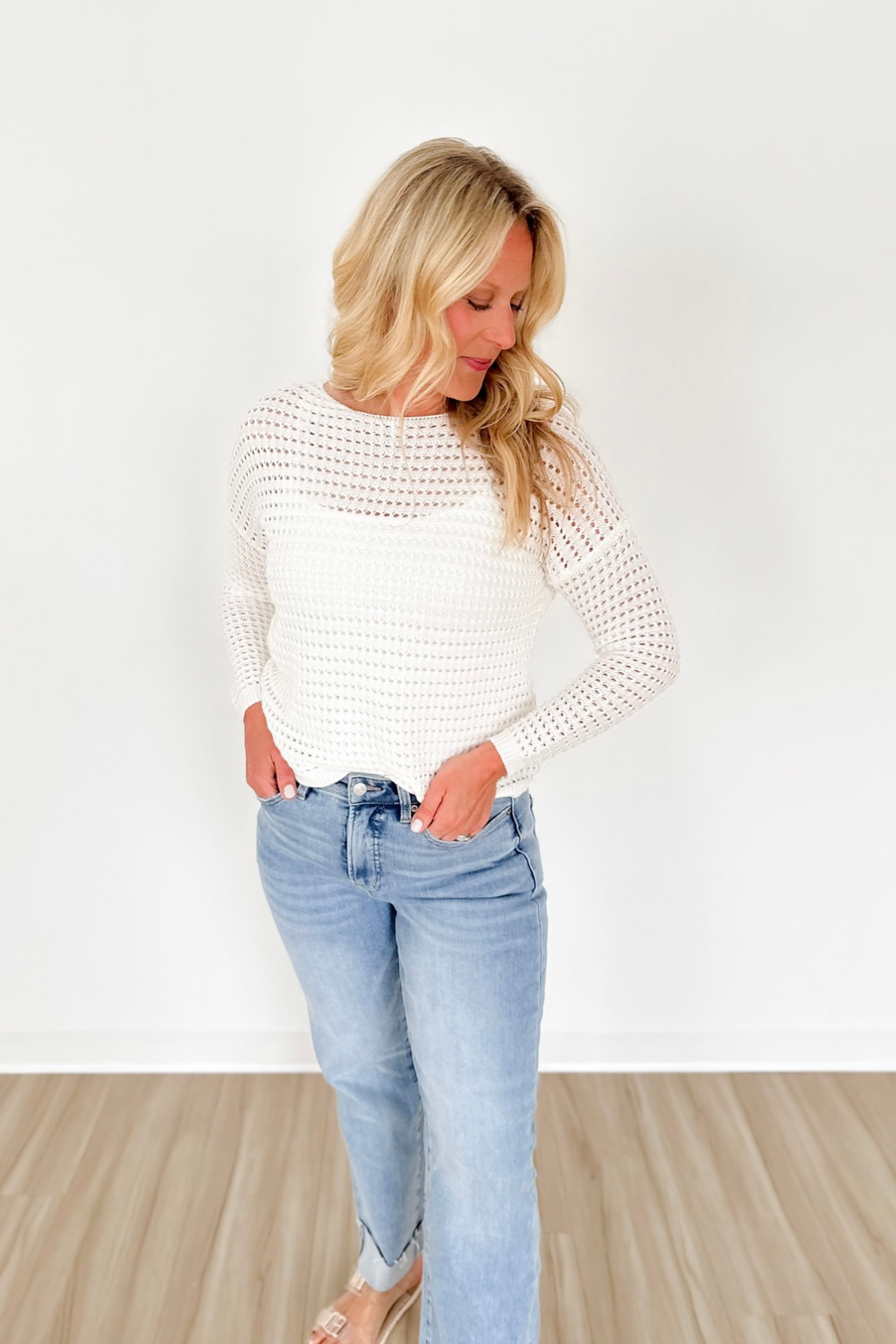 Wide Crew Neck Crochet Ivory Sweater