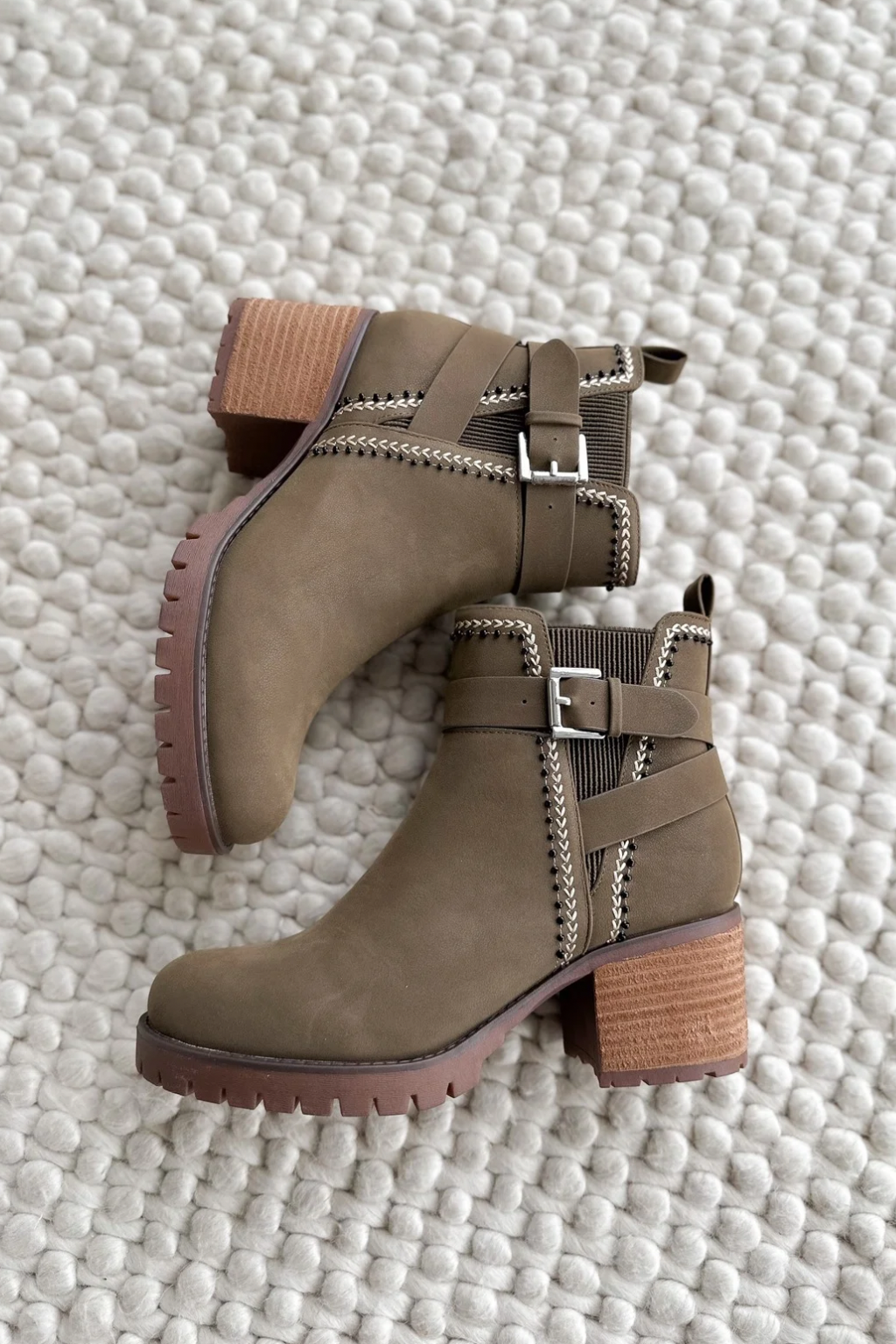 Olive Suede Heeled Boots With Silver Buckle
