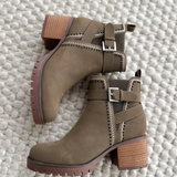 Olive Suede Heeled Boots With Silver Buckle