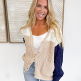 Sand/Navy Knit Button Cardigan