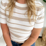 Ivory/Taupe Stripe Short Sleeve Knit Top