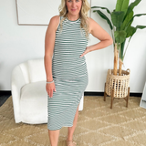 Green/White Striped Ribbed Tank Midi Dress