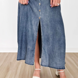 Denim Flowy Maxi Dress w/ Contrast Buttons