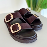 Chocolate Double Strap Suede Slide Sandal