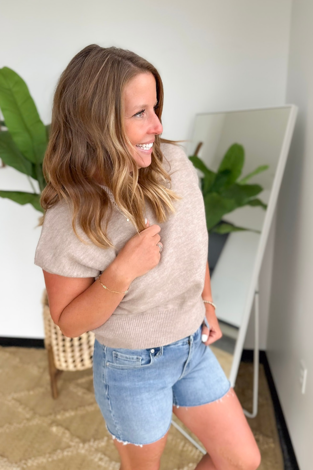 Tan Relaxed Short Sleeve Sweater Top