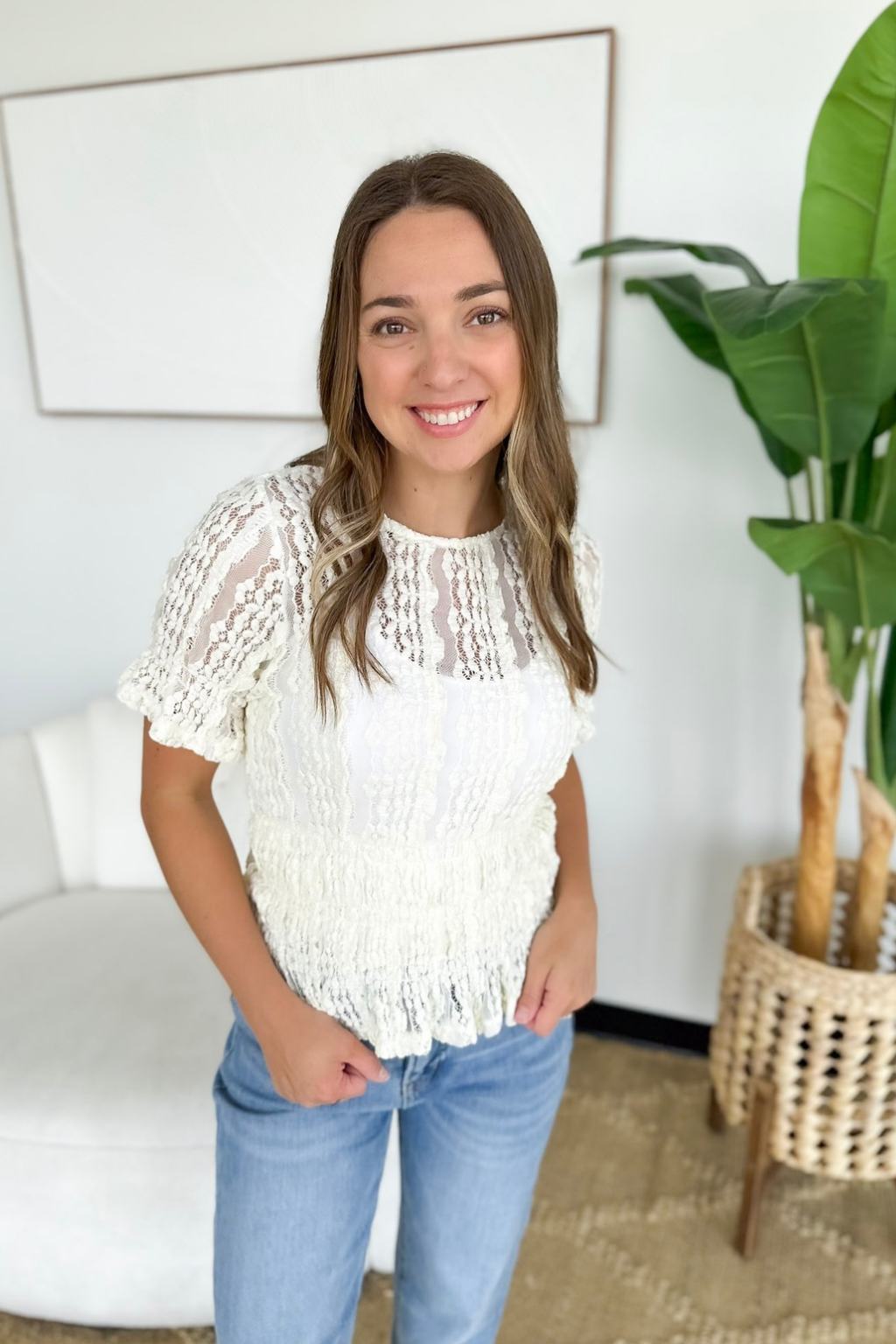 Cream Lace Short Sleeve Blouse