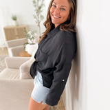 Black Woven Collared Button Up Top