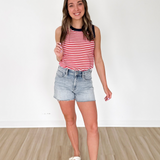 Red/White Striped Blue Contrast Sleeveless Top