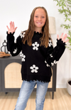 Girls Flower Distressed Black Sweater