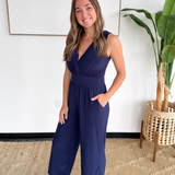 Navy V-Neck Cropped Jumpsuit