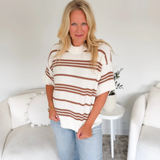 Ivory/Brown Striped Short Sleeve Knit Top
