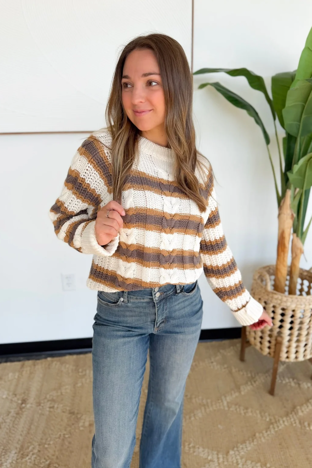 Ivory Striped Cable Knit Sweater