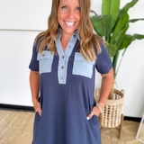 Navy Collared Mini Dress with Denim Accents