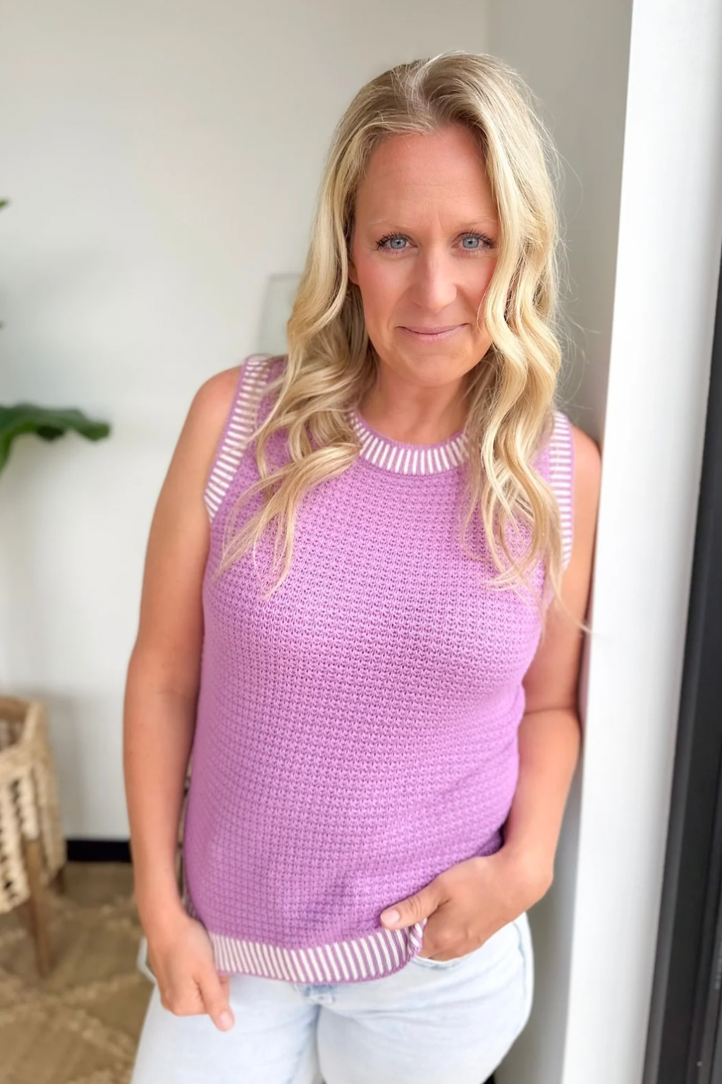 Light Purple White Trim Knit Sleeveless Top