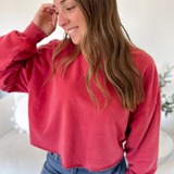 Dark Red Raw Hem Cropped Pullover