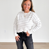 Ivory Crew Neck Charcoal Dotted Striped Sweater
