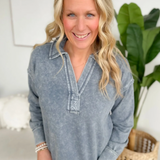 Washed Long Sleeve Collared Top