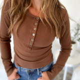 Brown Fitted Long Sleeve Henley Top