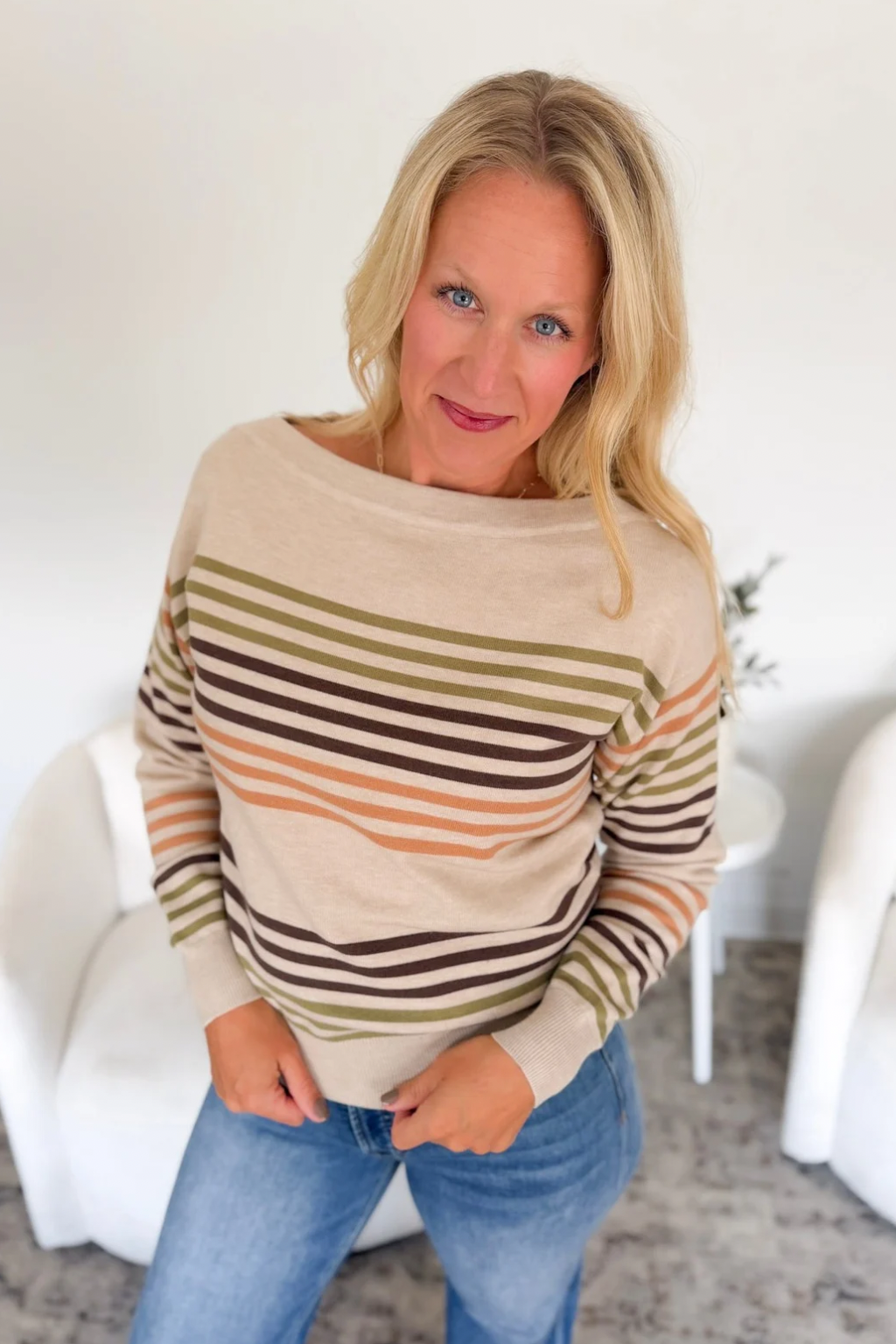 Multicolored Striped Boat Neck Sweater