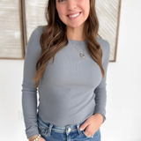 Fitted Round Neck Long Sleeve Top-Pebble Grey