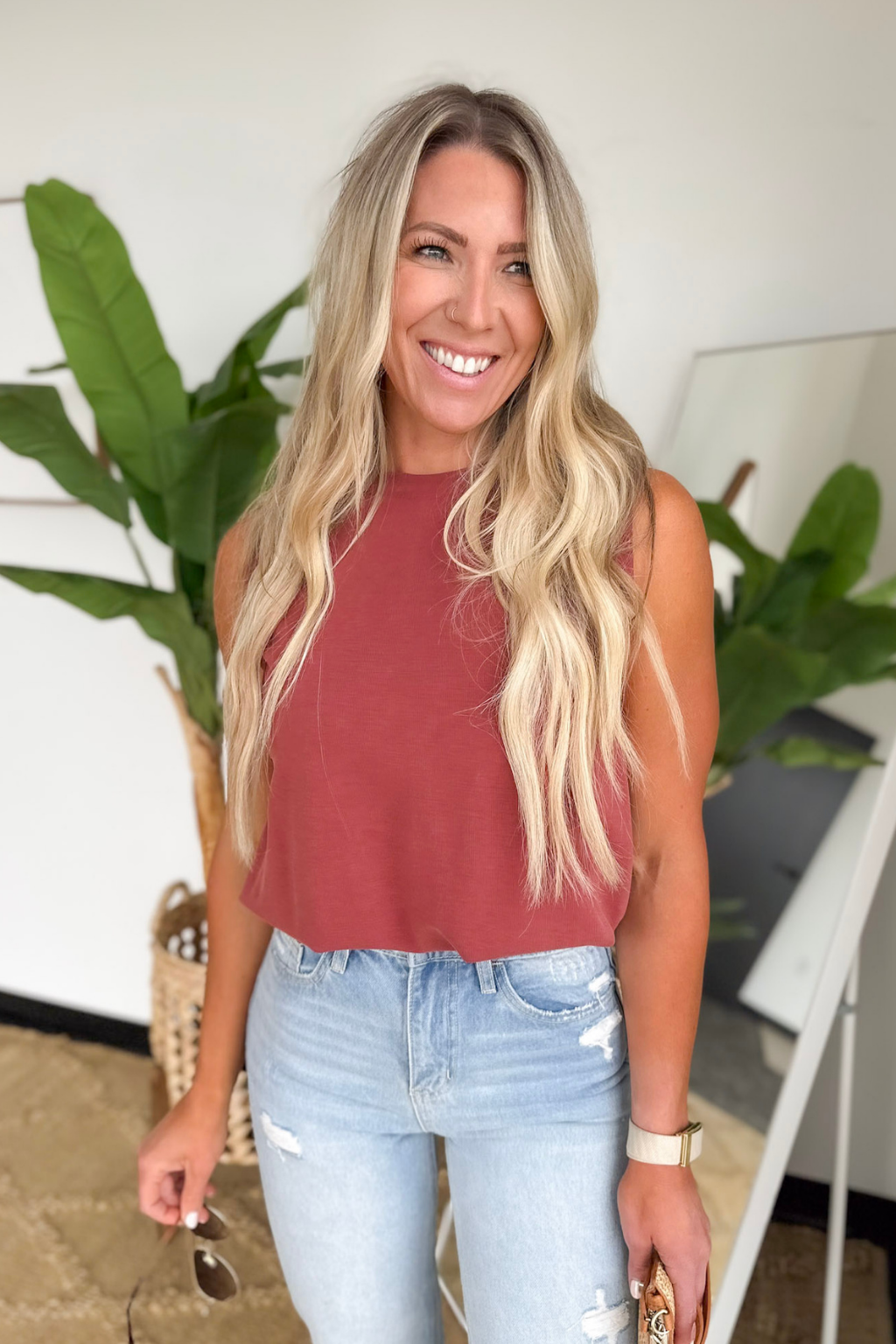Brick Soft Bubble Hemline Sleeveless Top