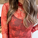 Brick Mock Neck Lace Long Sleeve Top