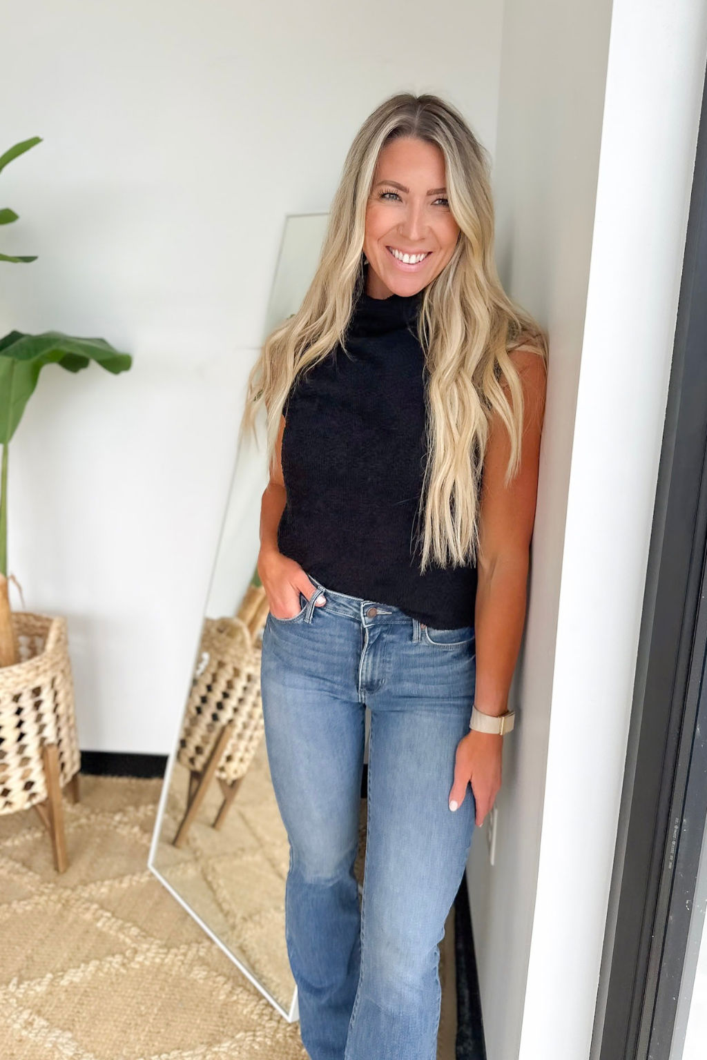 Black Cozy Knit Mock Neck Sleeveless Top