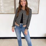 Striped Button Cardigan with Contrast Trim