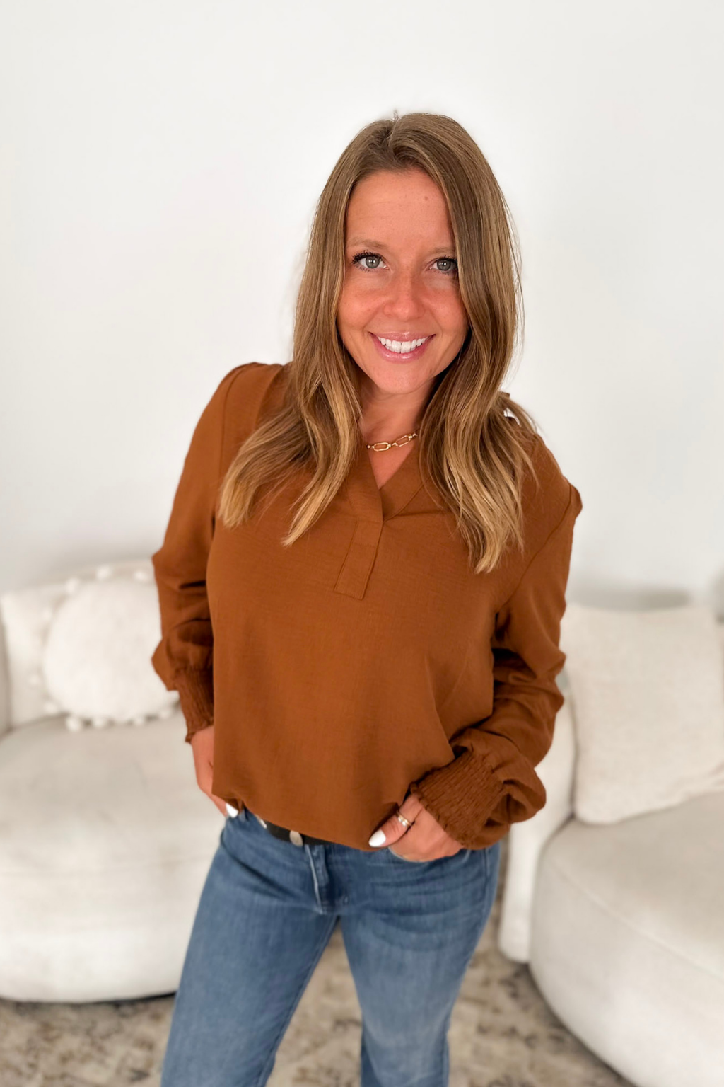 Camel Ruffle Neck Long Sleeve Top