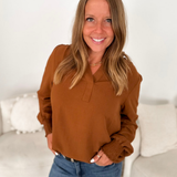 Camel Ruffle Neck Long Sleeve Top