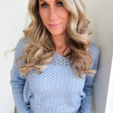 Blue Open Knit Split Neck Top