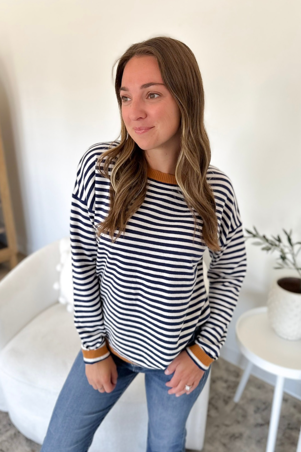 Navy & Ivory Striped Sweater with Camel Trim