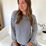 Navy & Ivory Striped Sweater with Camel Trim
