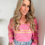 Soft Pink Knit Yellow Stripes Collared Sweater