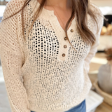 Natural Open Knit Half Button Top
