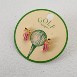 Gold & Pink Golf Bag Stud Earrings