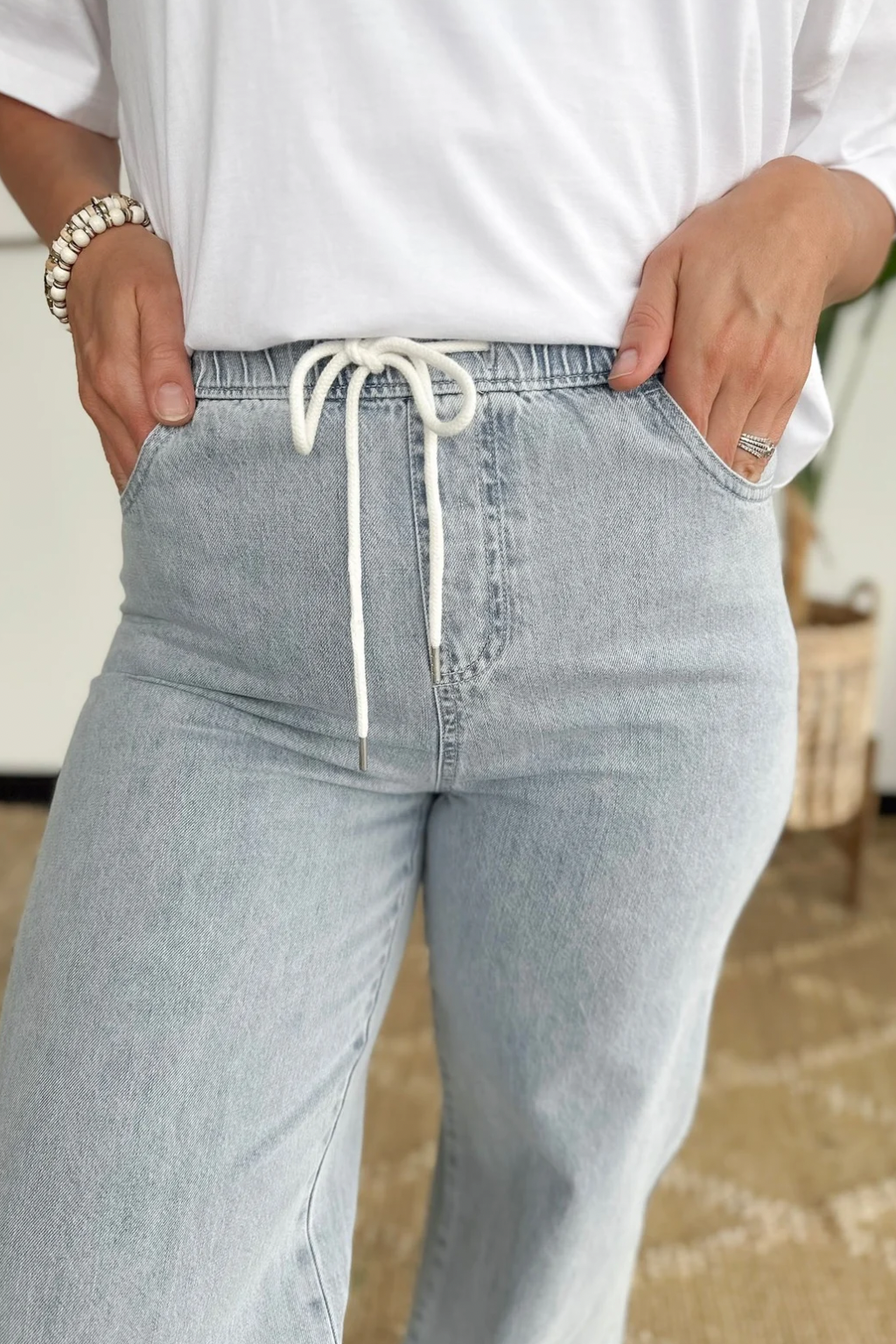Chelsey Drawstring Wide Leg Denim Pants