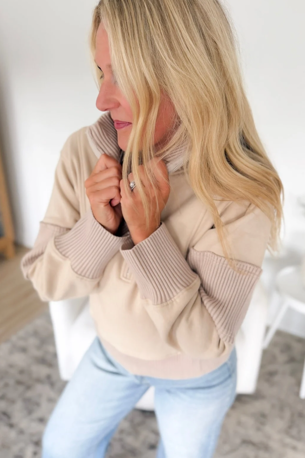 Beige 1/2 Zip Brushed Terry Pullover