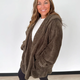 Olive Fuzzy Hooded Cardigan-One Size