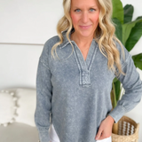 Washed Long Sleeve Collared Top
