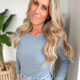 Blue Ribbed Fitted Long Sleeve Top