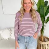 Dark Lavender White Striped Long Sleeve Top