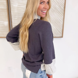 Mock Neck Color Block Grey/Navy Sweater