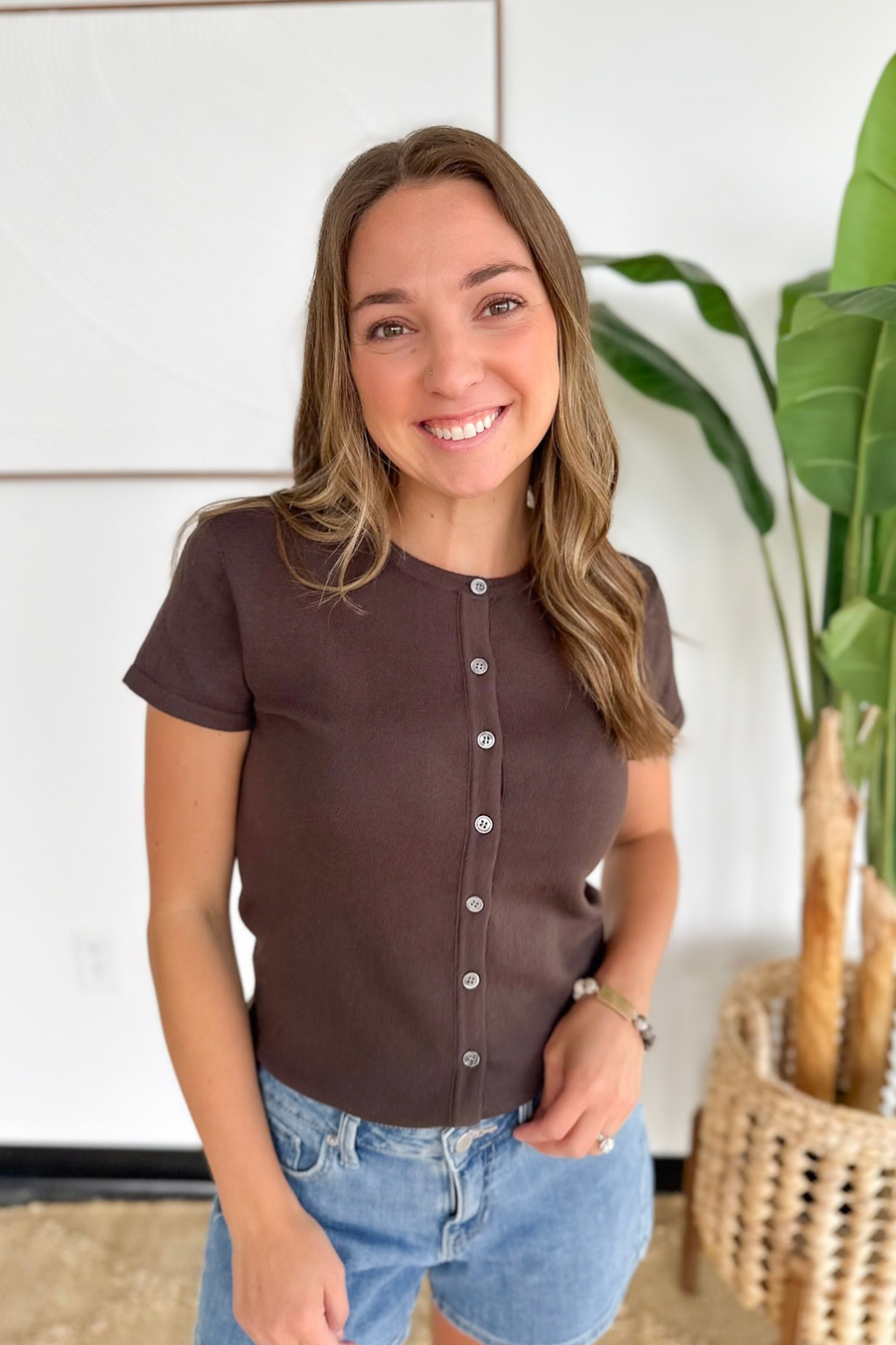 Brown Short Sleeve Button Front Top