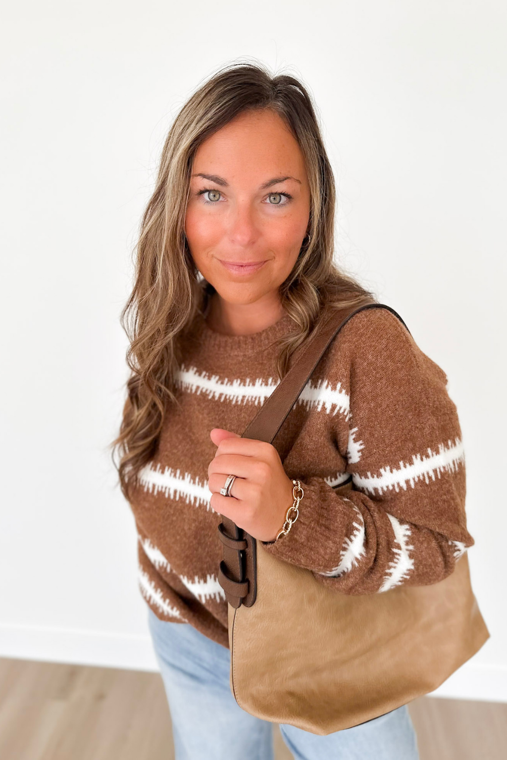 Rust Textured Cream Striped Sweater