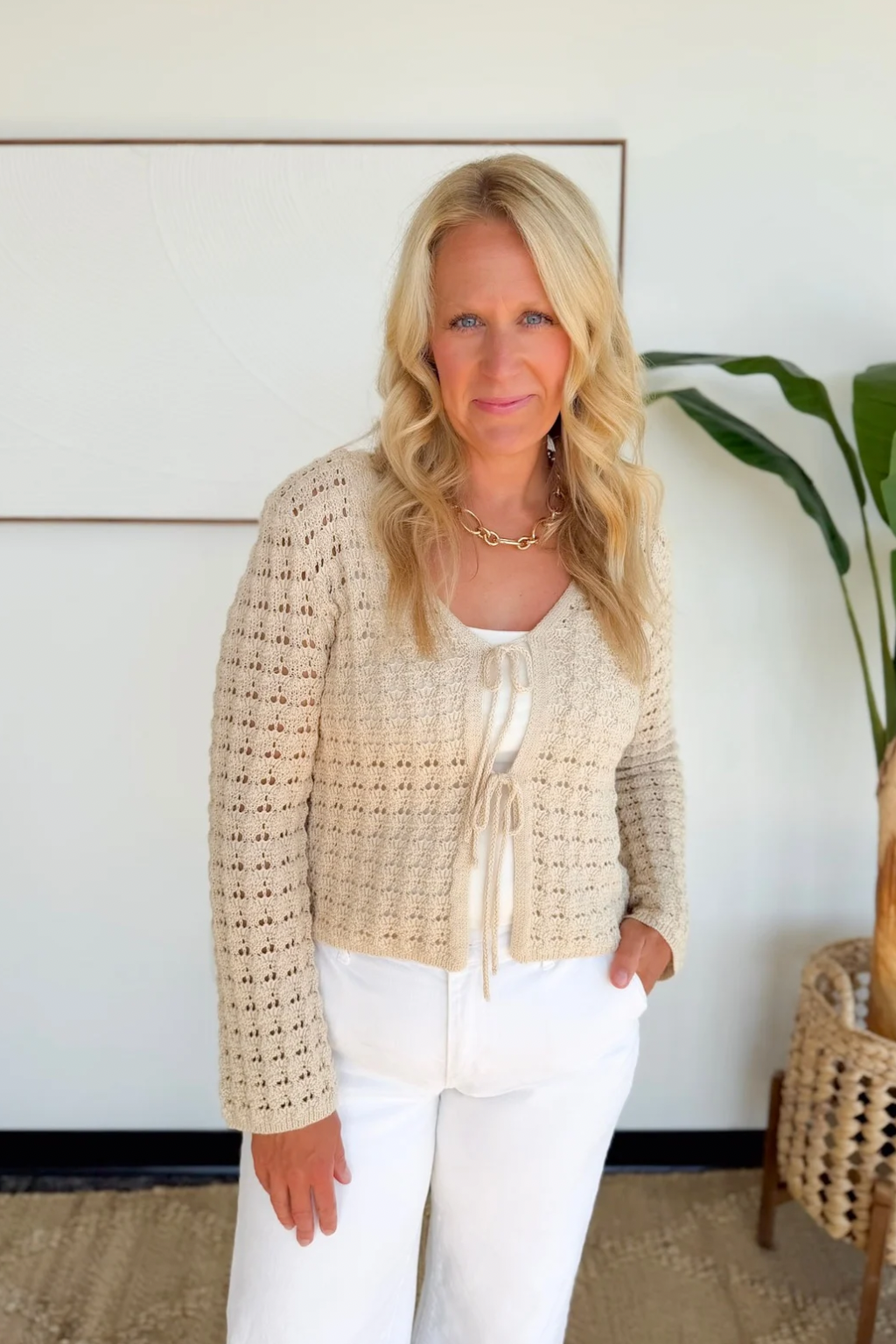 Natural Crochet Bow Tie Cardigan