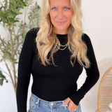 Fitted Round Neck Long Sleeve Top-Black