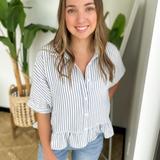 Navy Stripe Button Down Ruffle Top